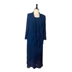 Jessica Howard Midi Jacket Dress Ruffle Front Chiffon Navy Blue Women’s Size 14W
